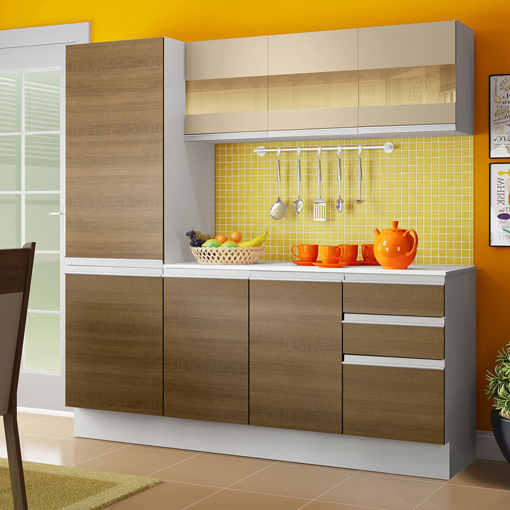 Image of Cozinha Compacta 100% MDF Madesa Smart 170 cm Modulada Com Armário, Balcão e Tampo Branco/Rustic/Crema